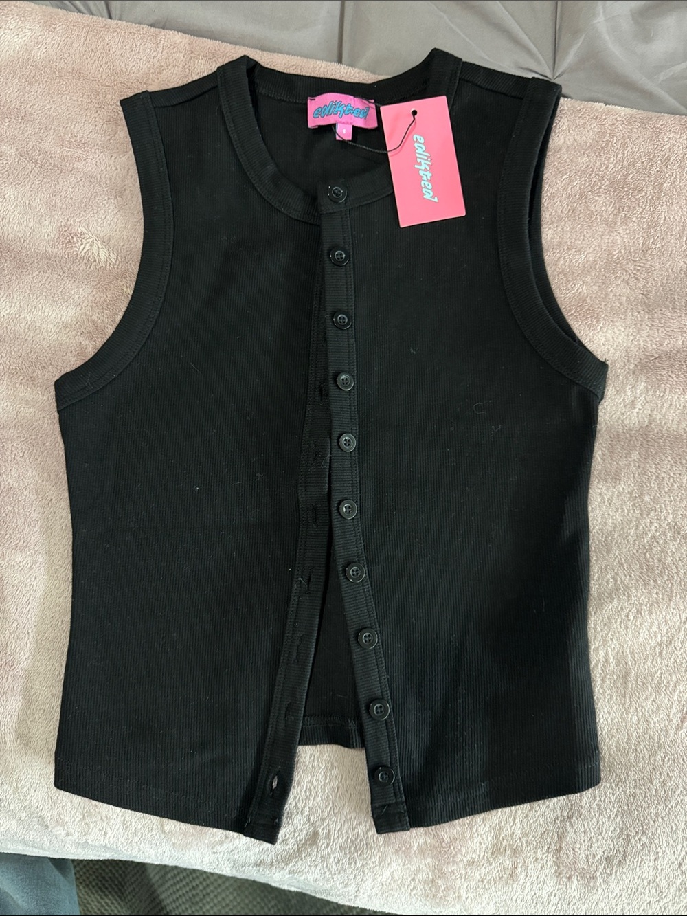 Edikted Black Ribbed Button-Front Tank Top